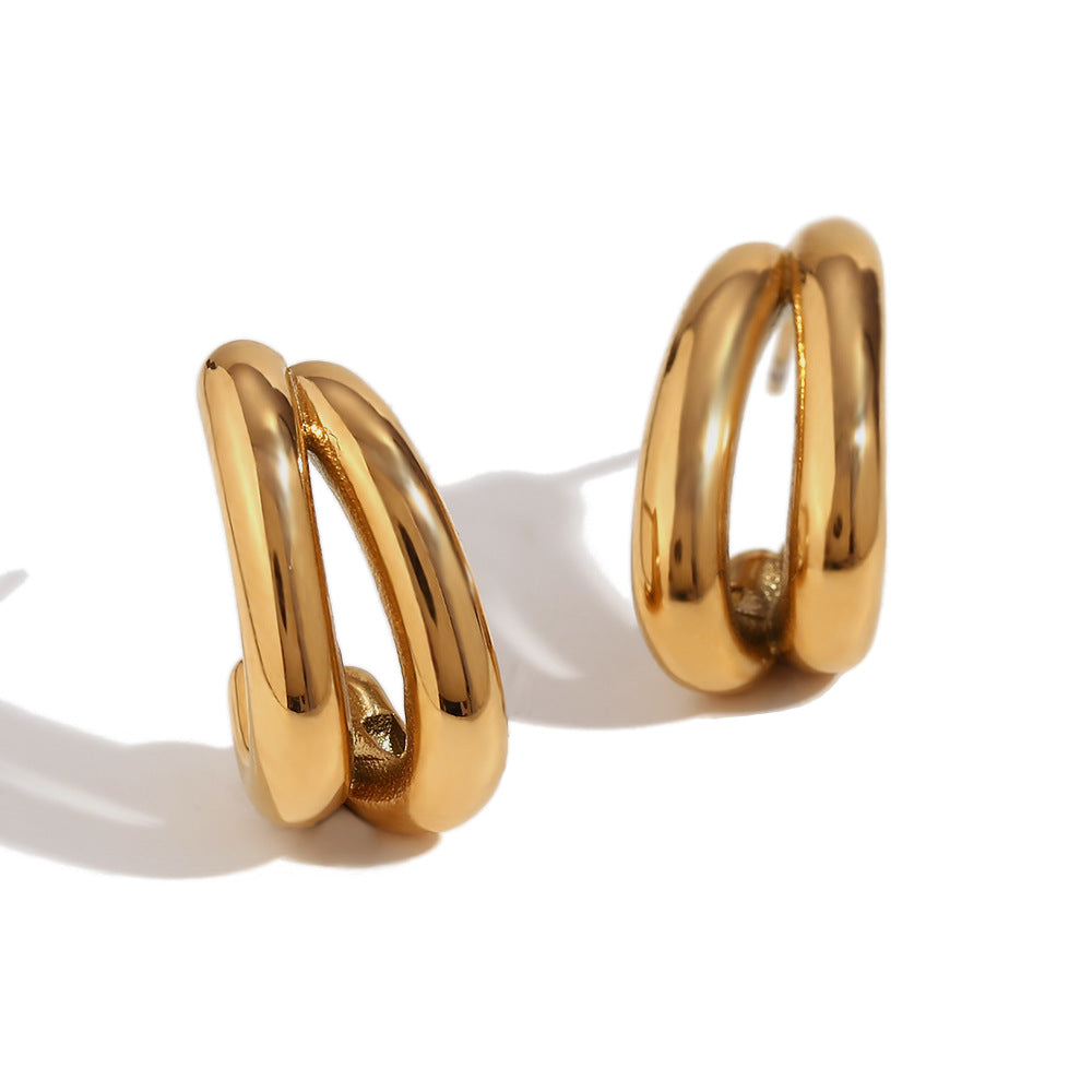 Minimalist Fashion Stainless Steel Plated 18K Gold Double-Layer Banana-Shaped Earrings for Women