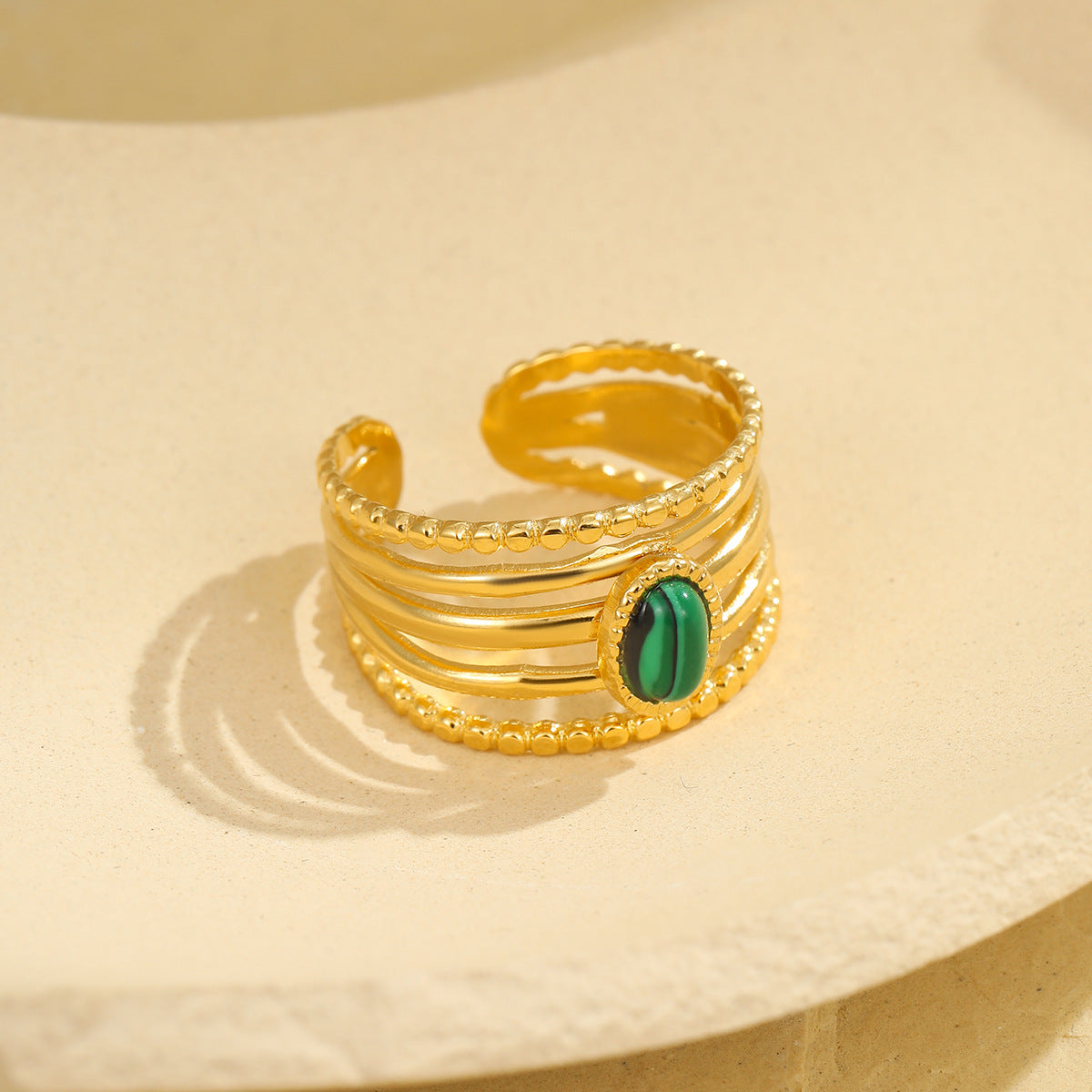 Anello da donna regolabile aperto in acciaio inossidabile placcato con pietra di malachite, stile vintage di lusso, geometrico, minimalista