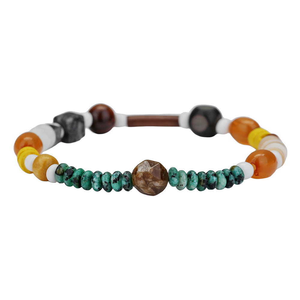 Unique Geometric Round Wood and Agate Beaded Bracelet for Women and Men
