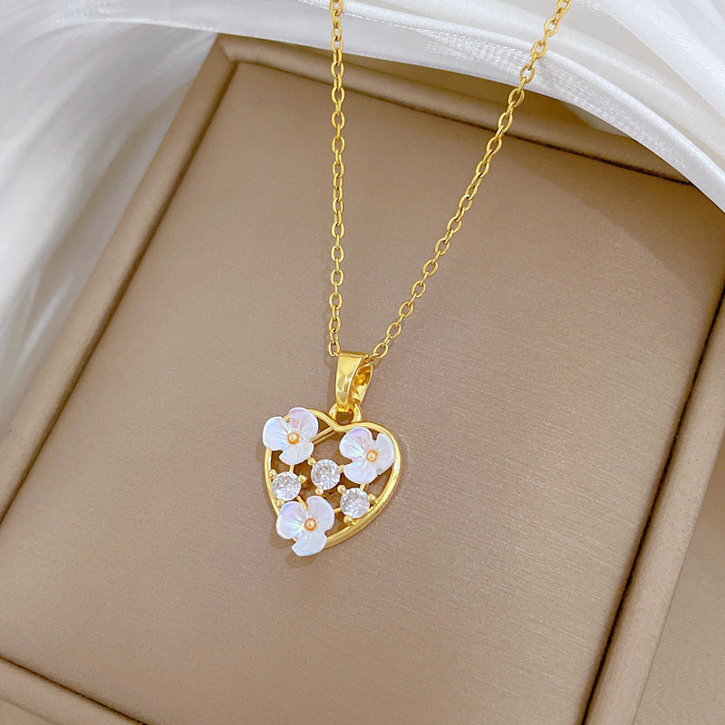 Sweet Elegant Heart Geometric Floral Cubic Zirconia Titanium Steel Necklace for Women and Men