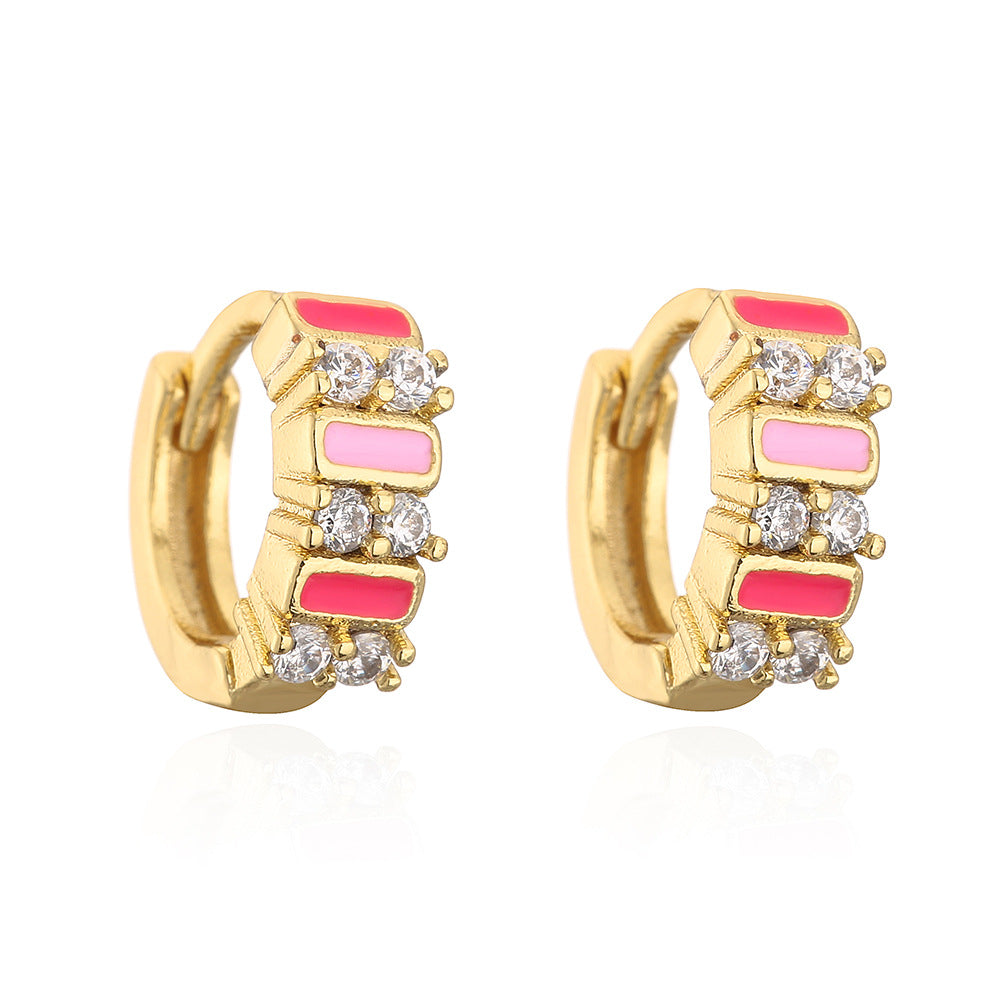 Bohemian Style Geometric Shaped Enamel Zirconia Earrings for Women with Copper Base and Gold Plating