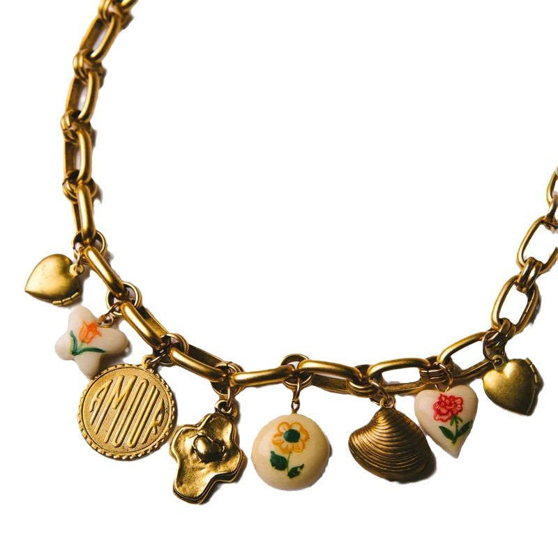 Fashion Floral Cross Heart Gemstone Stainless Steel PVD 18K Gold Plated Necklace