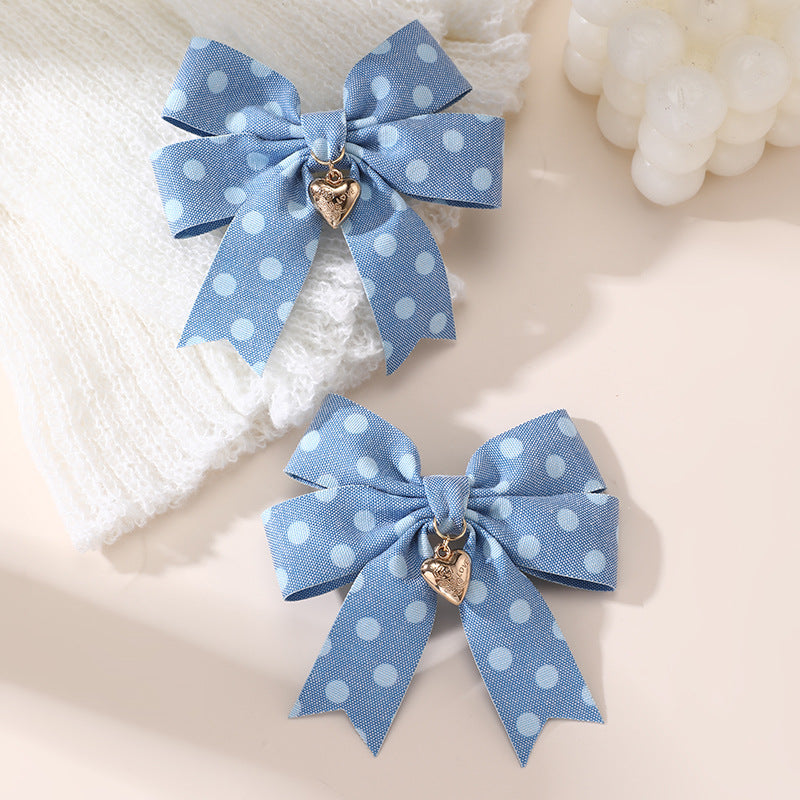 Ribbon Bow Hair Clip for Girls with Polka Dot Pattern and Ruffled Mesh Detail, Plastic Resin Duckbill Hairpin for Ponytail, Natural Style Children's Hair Accessory