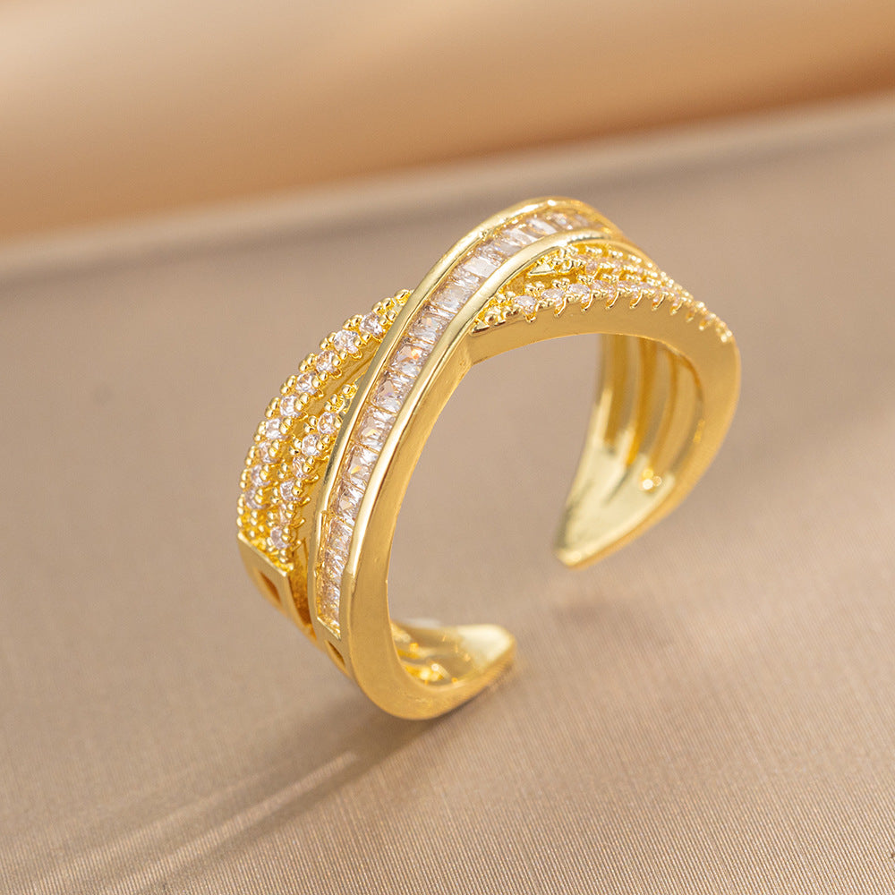 Luxury Minimalist Adjustable Open Ring for Women with Gold-Plated Copper Band and Zircon Stone Accent in Heart and Floral Shape
