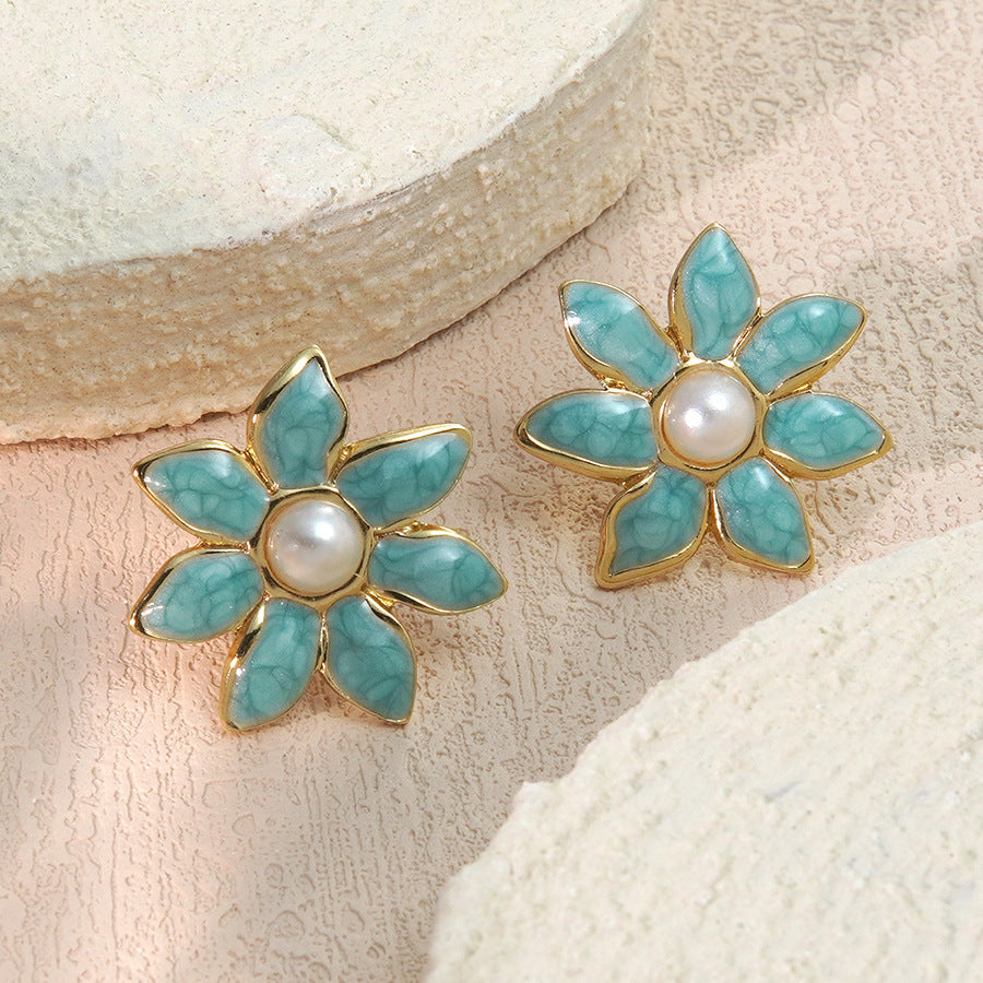 Vintage Elegant Drip Oil Floral Stainless Steel Pearl Stud Earrings