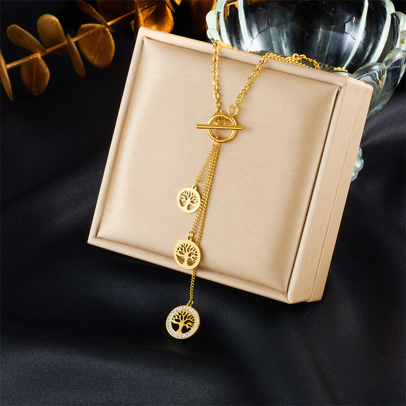 Collar con Colgante de Árbol de la Vida con Borla Estilo Vintage en Acero Titanio con Baño de Oro