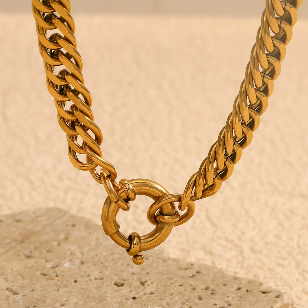 Collar Minimalista de Acero Inoxidable Geométrico Chapado en Oro de 18K con Broche Grueso en O para Mujer