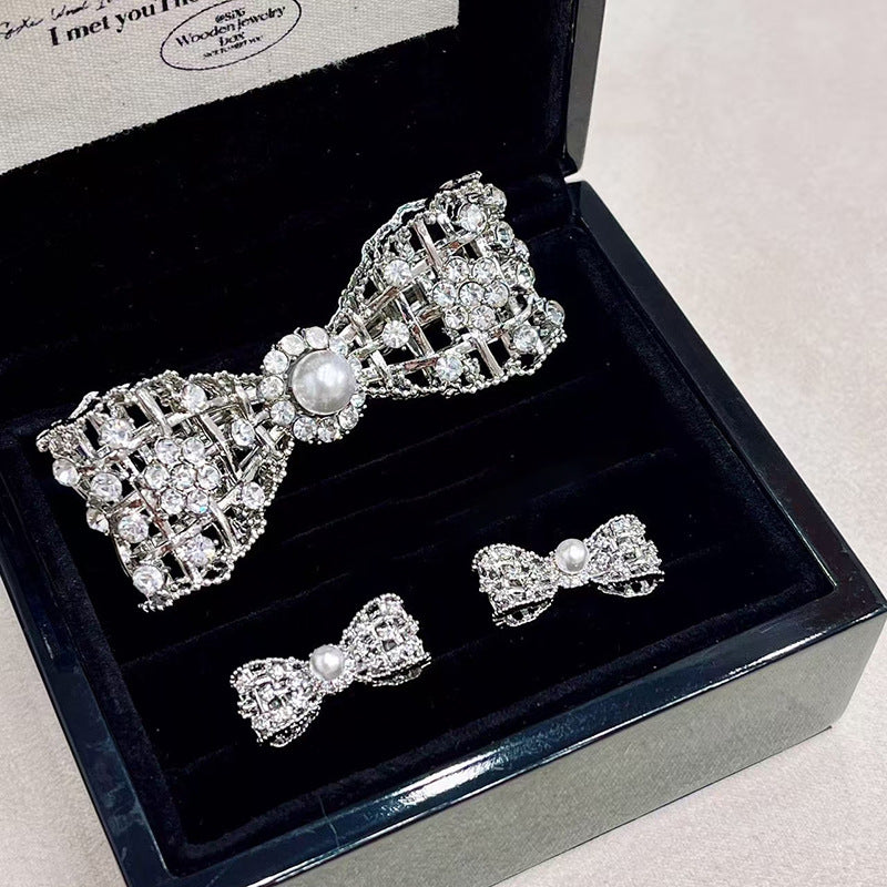 Elegant Bowknot-Shaped Pearl Earrings and Hairpins Set with Zircon Inlay for Women