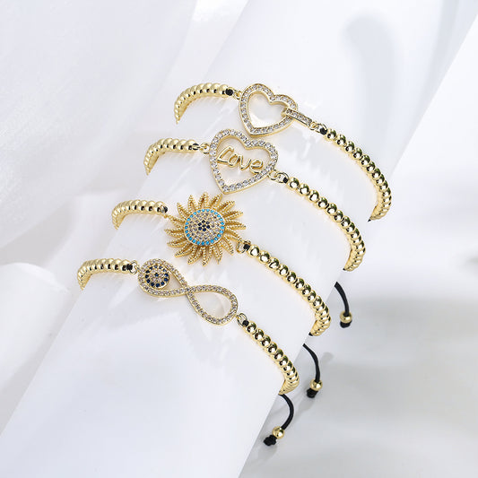 Pulsera Minimalista Geométrica de Cobre con Baño de Oro de 18K, Acento de Circonita, Diseño Ajustable de Corazón de Amor y Girasol