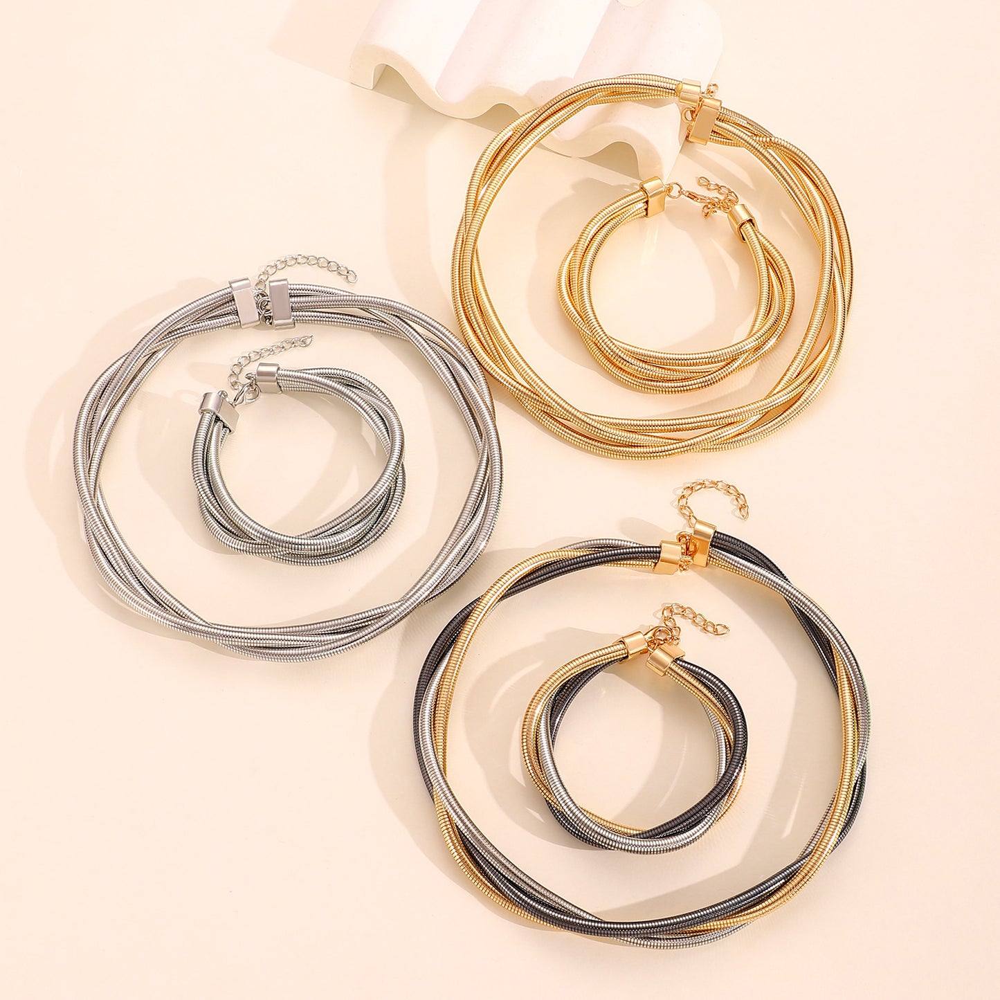 Punk Hip-hop Luxury Geometric Alloy Plated Coil Choker Necklace and Bracelet Set