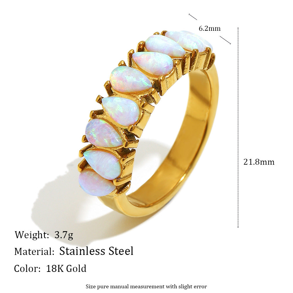 Anello da donna minimalista geometrico in acciaio inossidabile placcato oro 18 carati di lusso con opale australiano