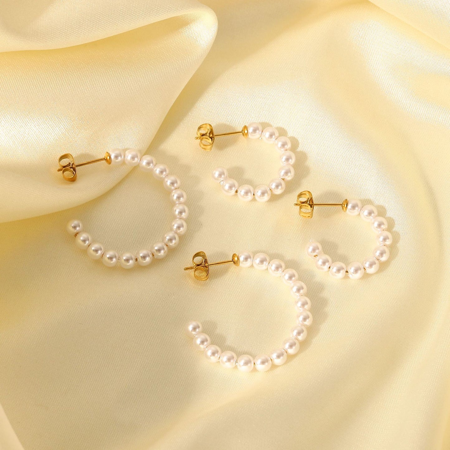 Elegant French-Style Minimalist Stainless Steel Stud Earrings with 18K Gold Plating and Geometric C-Shaped Pearl Accents for Women