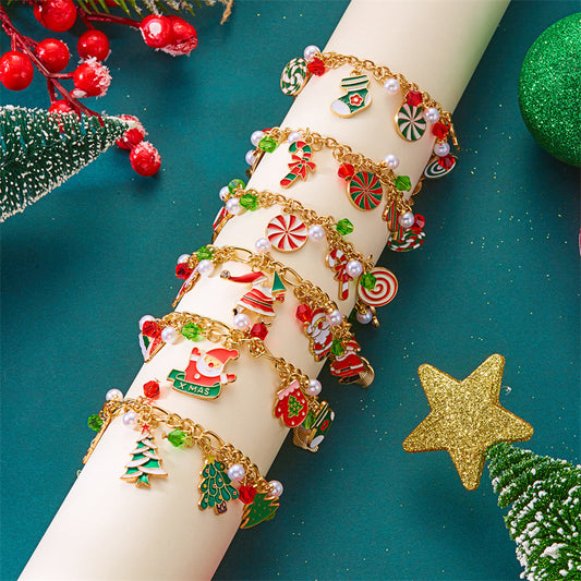 Pulsera Colgante de Navidad con Diseño de Árbol de Navidad, Trineo y Reno en Aleación con Detalles Artesanales para Mujer