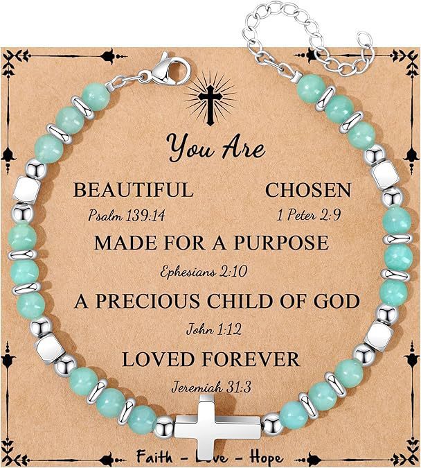 Sweet Geometric Cross Stainless Steel Bracelet with 4mm Amethyst and Amazonite Beads Unisex