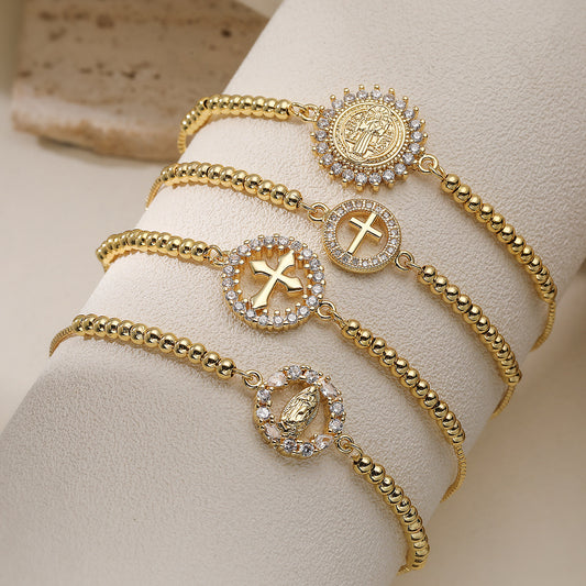 Minimalist Vintage 18K Gold Plated Brass Cross Bracelet with Cubic Zirconia Inlay for Women