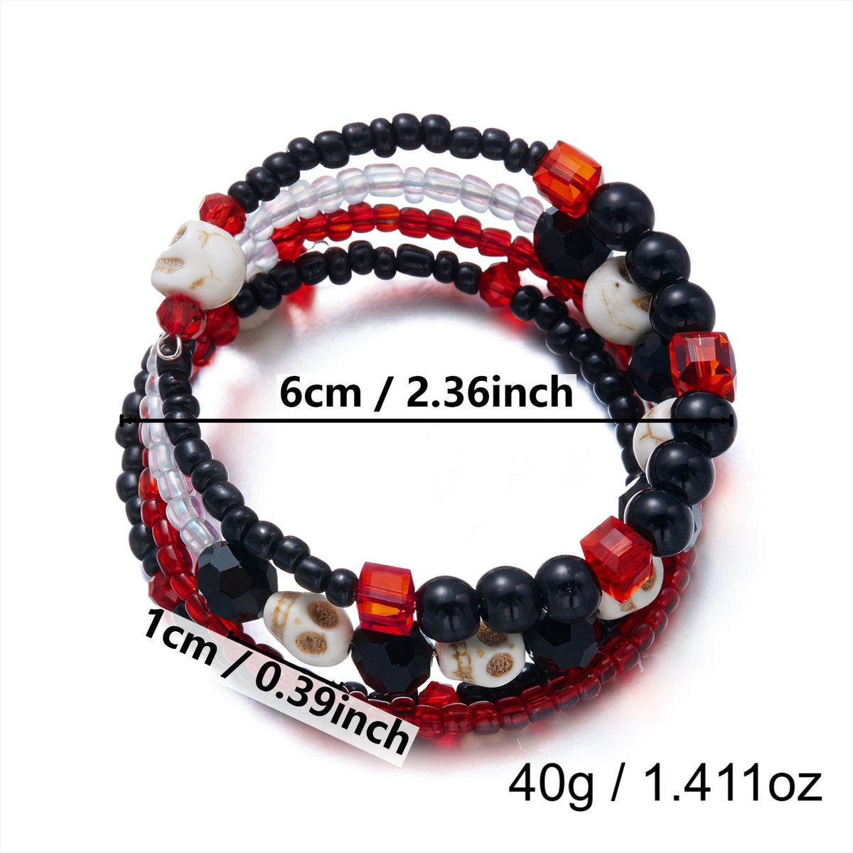 Gothic Skull Beaded Bracelet Red and Black Contrast Cartoon Pattern Glass Ball Chain Unisex