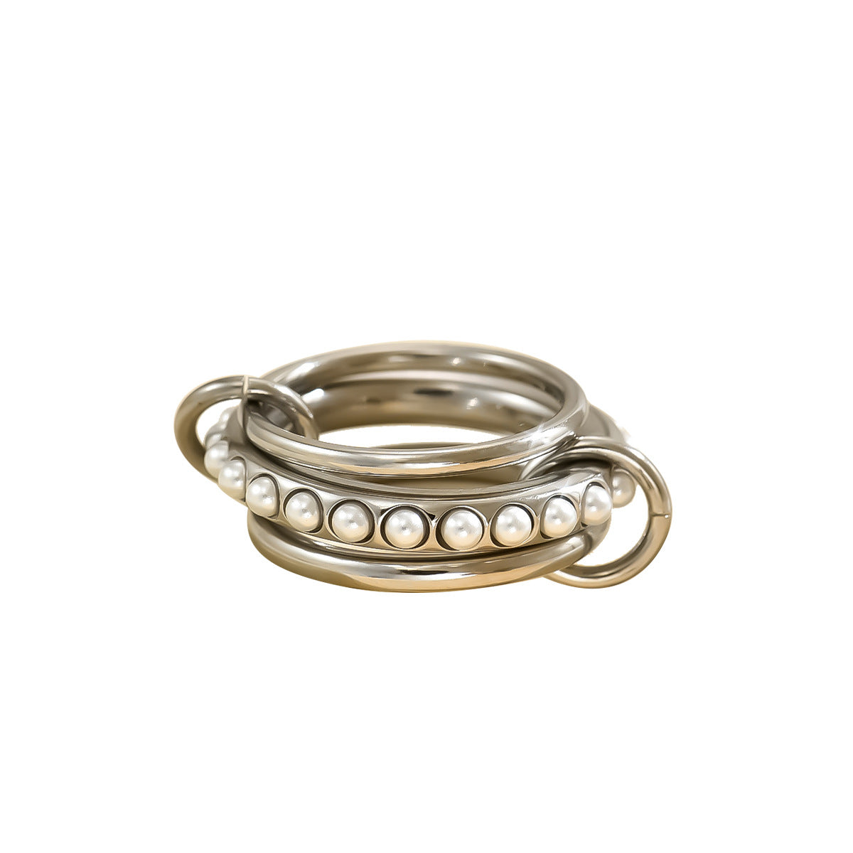 Anillo apilable geométrico para mujer con incrustaciones de perlas y banda de cobre, accesorio de moda