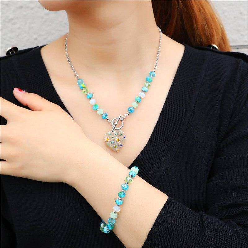 Bohemian Style Heart-Shaped Alloy Necklace Set with Beaded Design for Women
