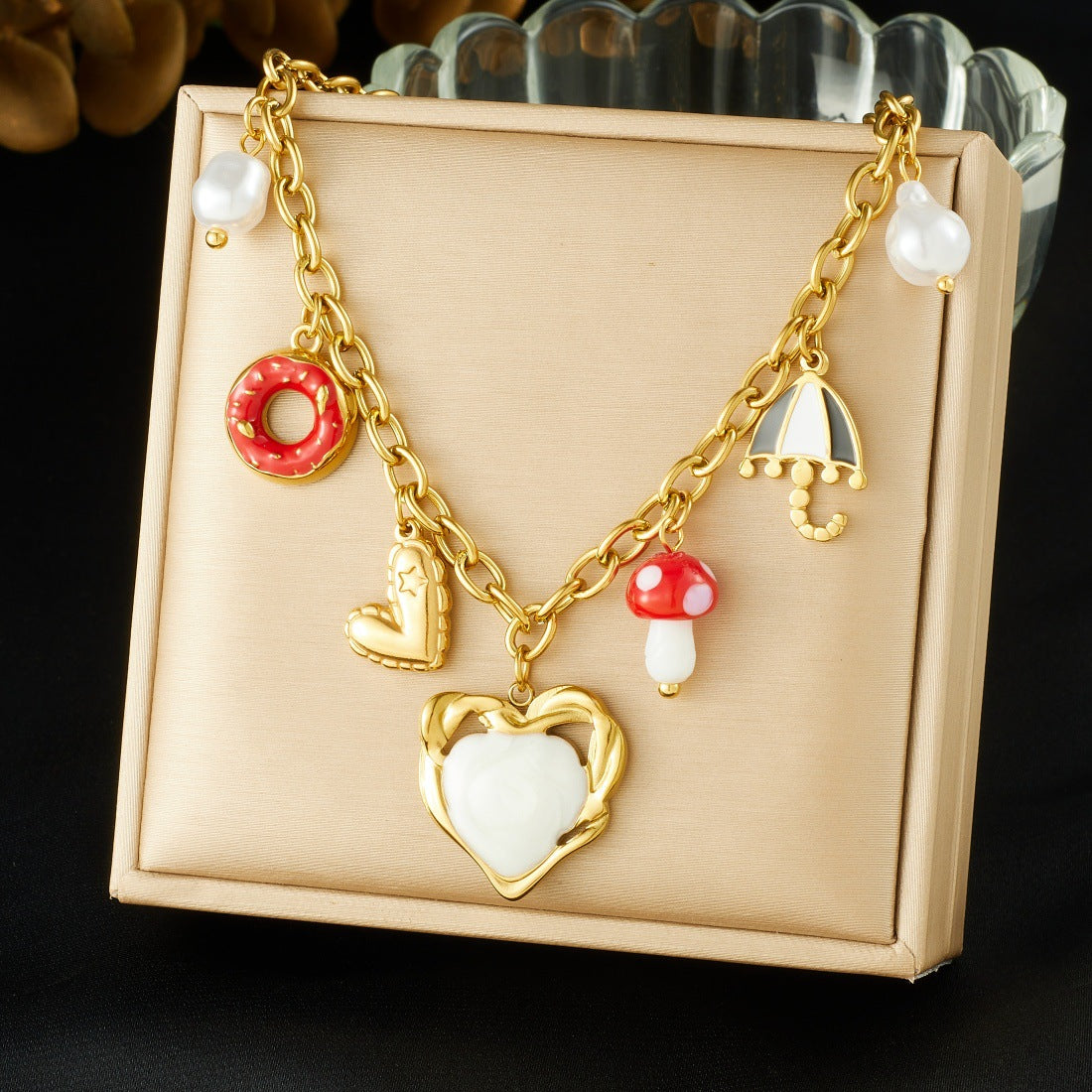 Chic Cartoon Drip Oil Plated Stainless Steel Heart Mushroom Donut Umbrella Necklace with Cable Chain