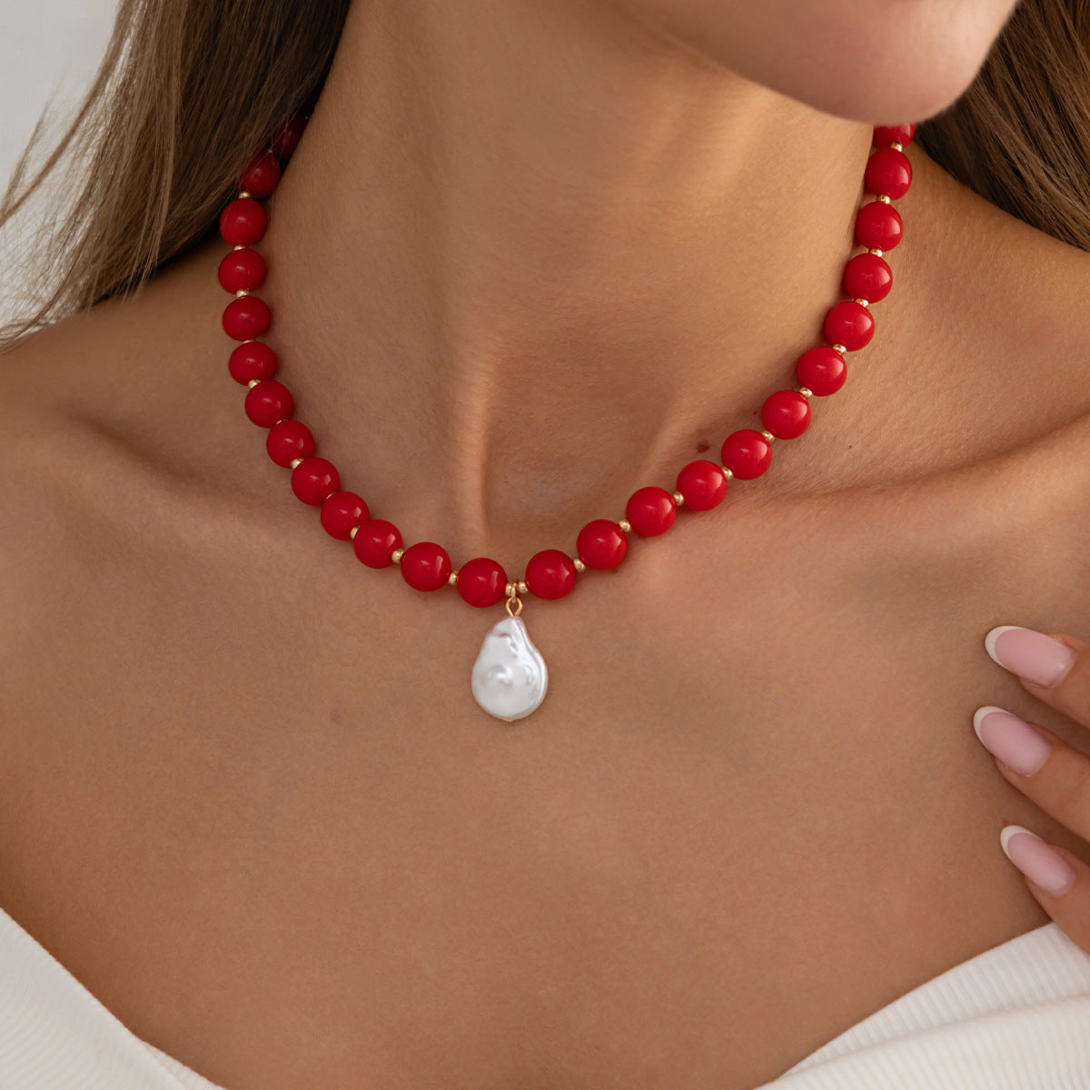 Vintage Geometric Acrylic Beaded Necklace with Baroque Pearl Pendant for Women