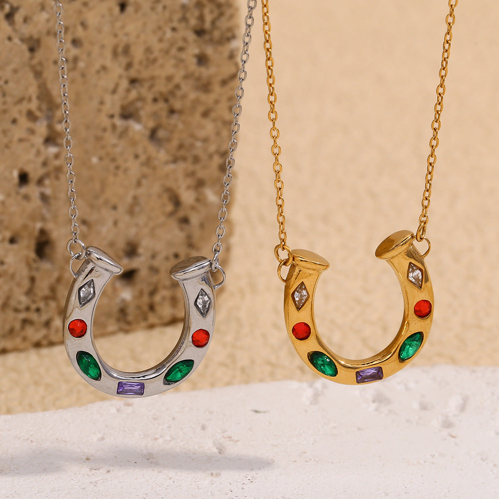 Minimalist U-Shaped Pendant Necklace in 316L Stainless Steel with 18K Gold Plating and Colorful Rhinestones for Women