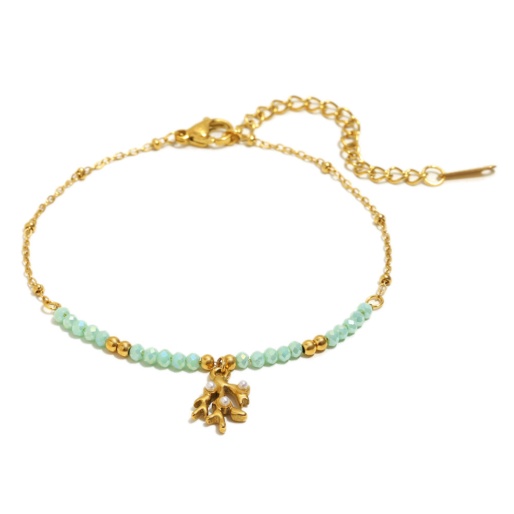 Minimalist Geometric Branch-Shaped Necklace in Stainless Steel with 18K Gold Plating and Natural Stone Accent for Women