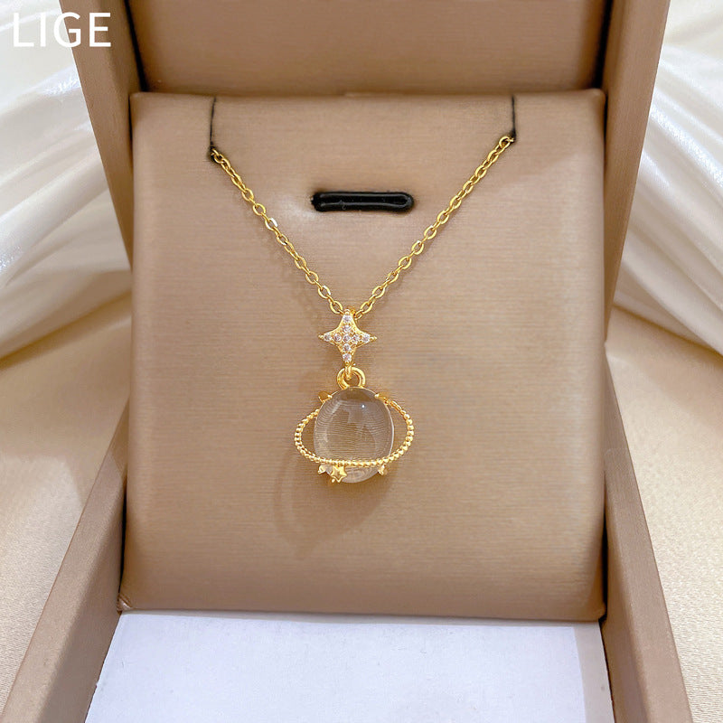 Sweet Elegant Geometric Moon Titanium Steel Plated Rhinestone Necklace for Unisex