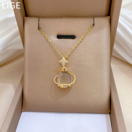 Sweet Elegant Geometric Moon Titanium Steel Plated Rhinestone Necklace for Unisex