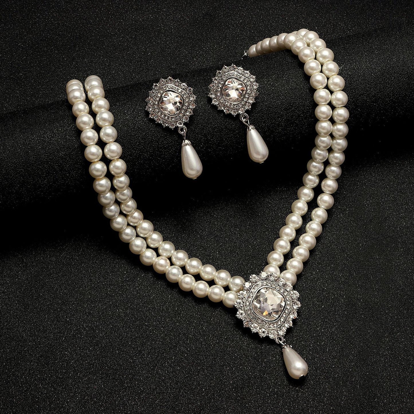Minimalist Double-Layer Pearl and Crystal Necklace and Earrings Set with Heart Water-Drop Bell Charms on O-Chain for Women