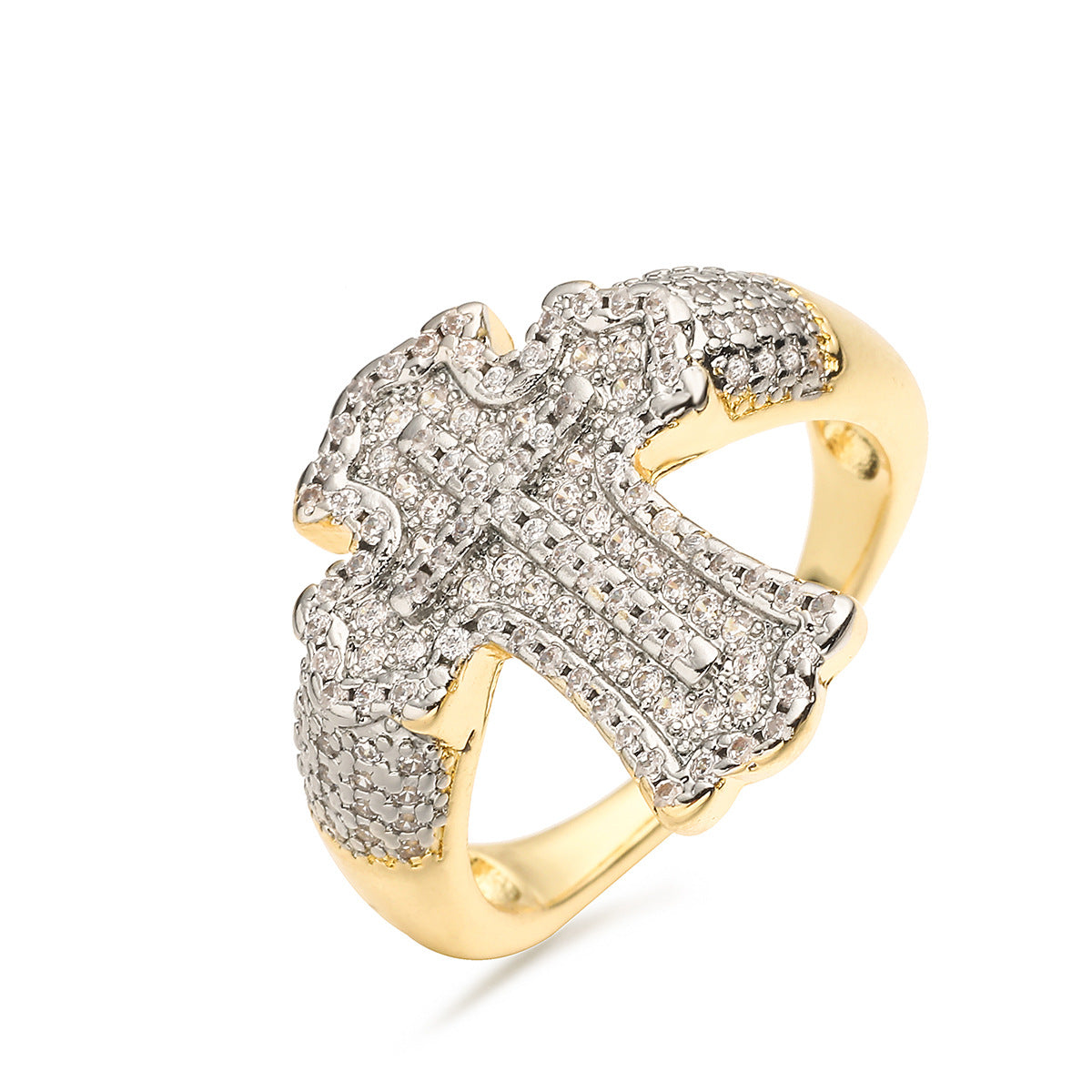 Minimalist Geometric Cross-Shape Copper Ring with Micro-Pave Zirconia for Women