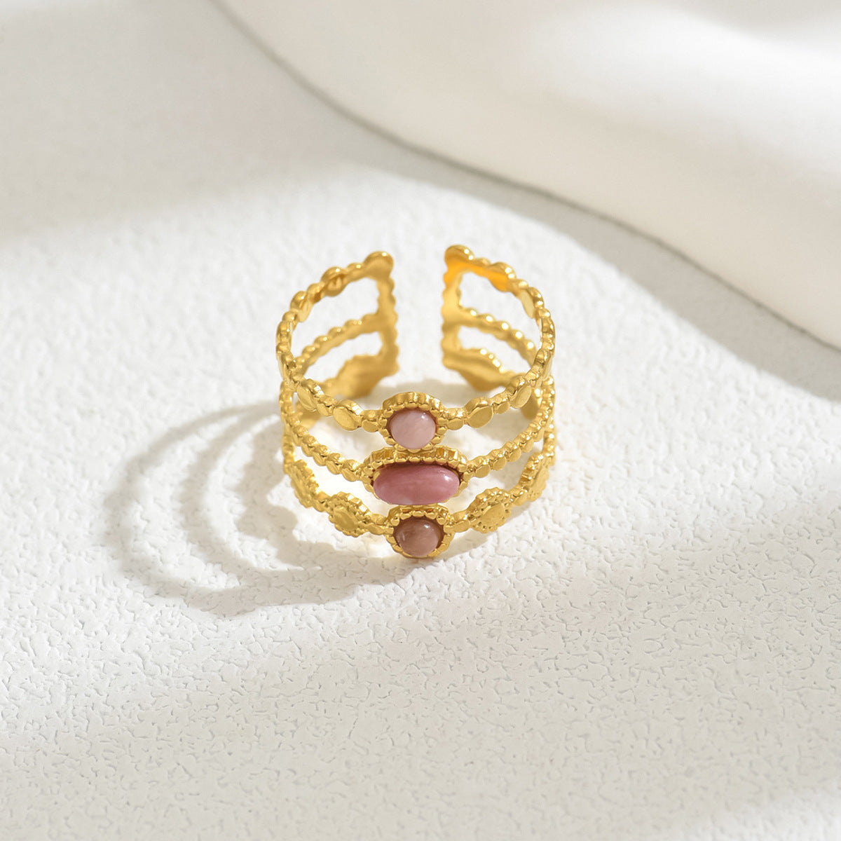 Anillo de cobre para mujer, geométrico minimalista, con incrustaciones bañadas en oro y diseño de banda abierta ajustable