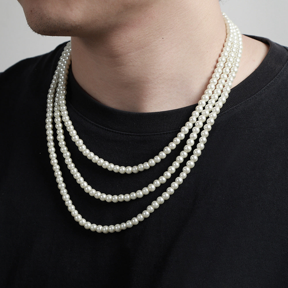 Punk Hip-hop Men's Geometric Round Pearl Ball Chain Necklace with Alloy Pendant