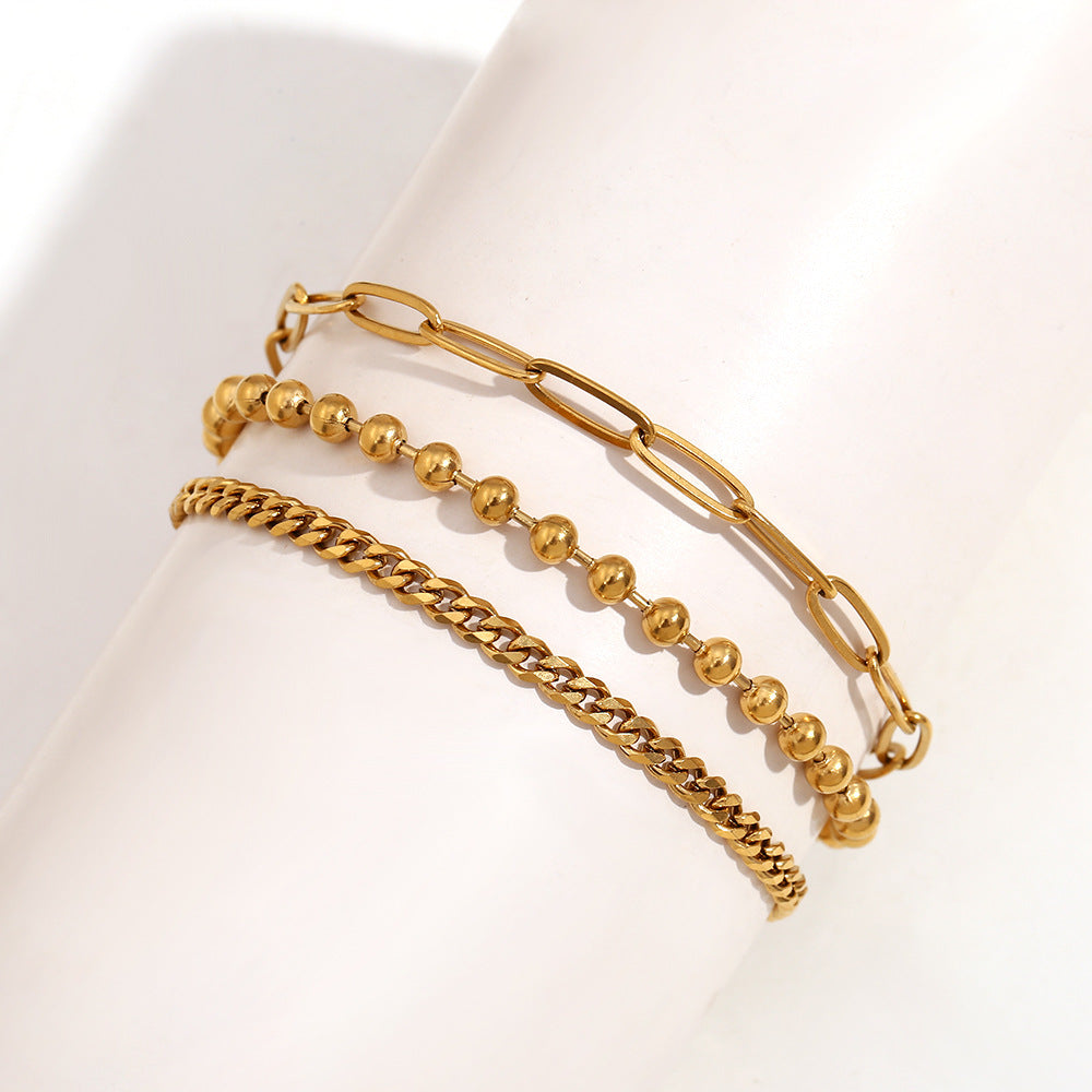 Cavigliera Minimalista Geometrica in Acciaio Inox con Placcatura Oro 18K, Gioiello Elegante a Triplo Strato per Donna
