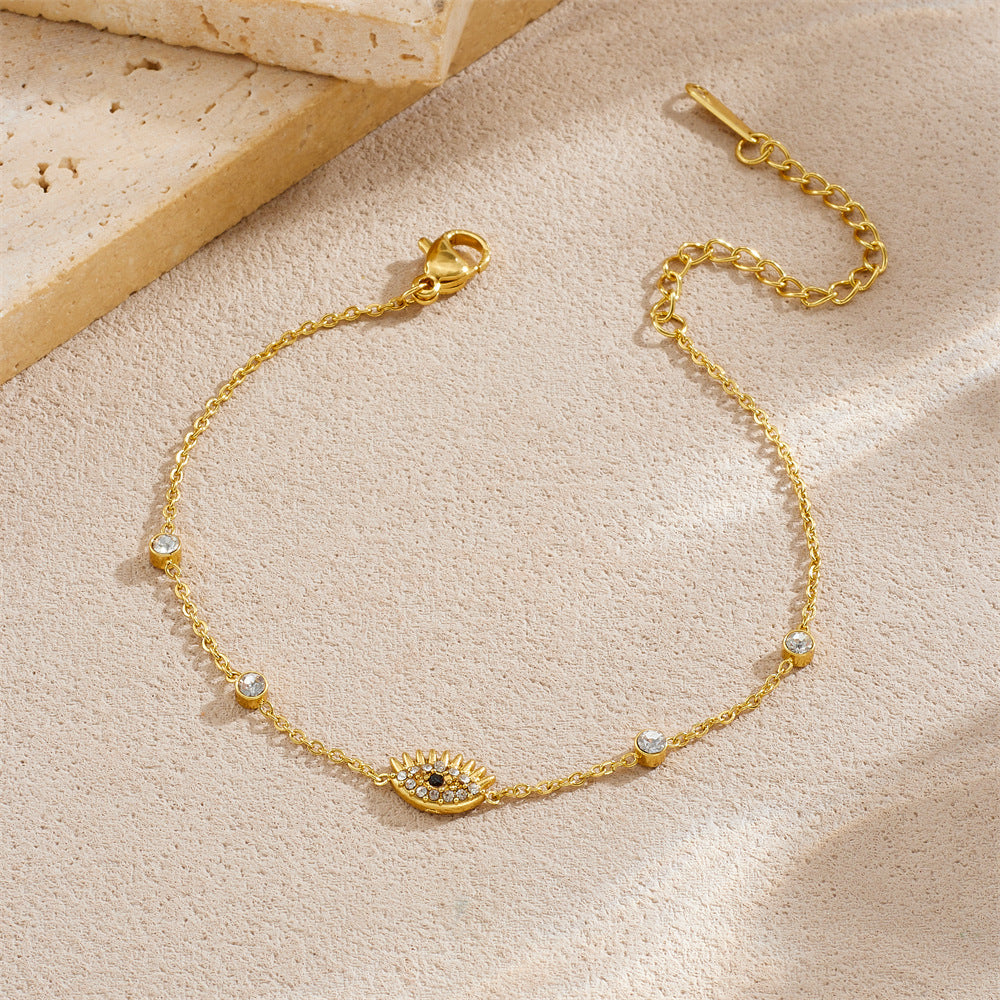 Minimalist Gold Plated Stainless Steel Evil Eye Rhinestone Bracelet for Women
