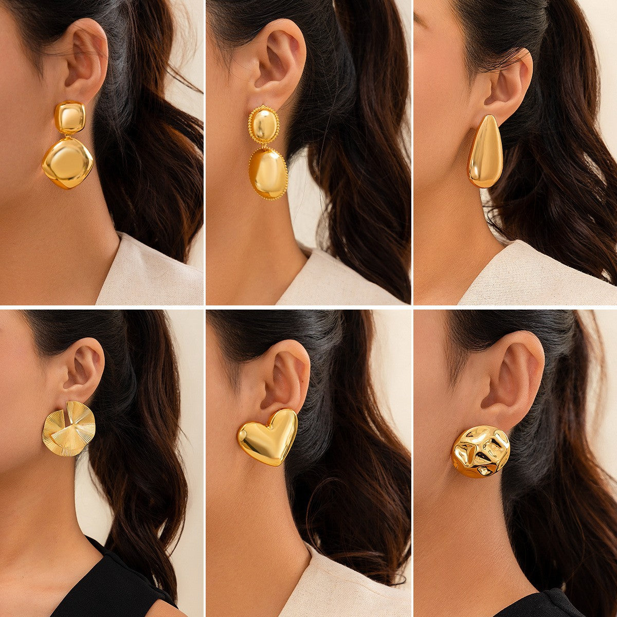 Pendientes minimalistas de aleación con forma de corazón geométrico, acabado pulido y textura plisada para mujer
