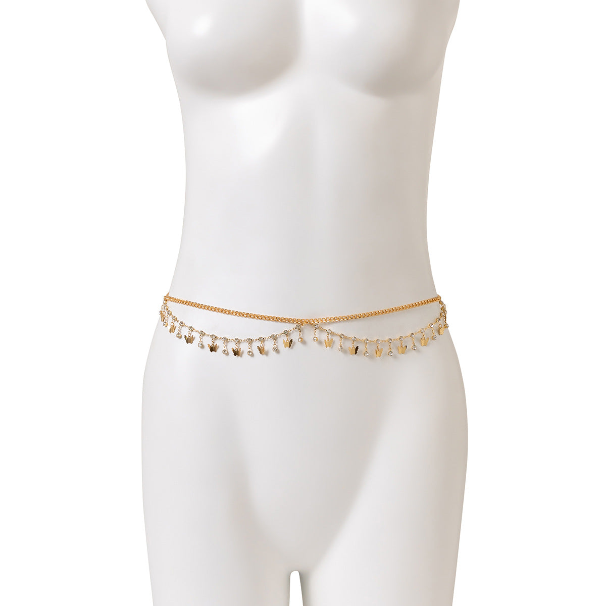 Cadena corporal minimalista con diamantes de imitación, multicapa, con dijes de mariposa y concha marina y detalles de borlas para mujer
