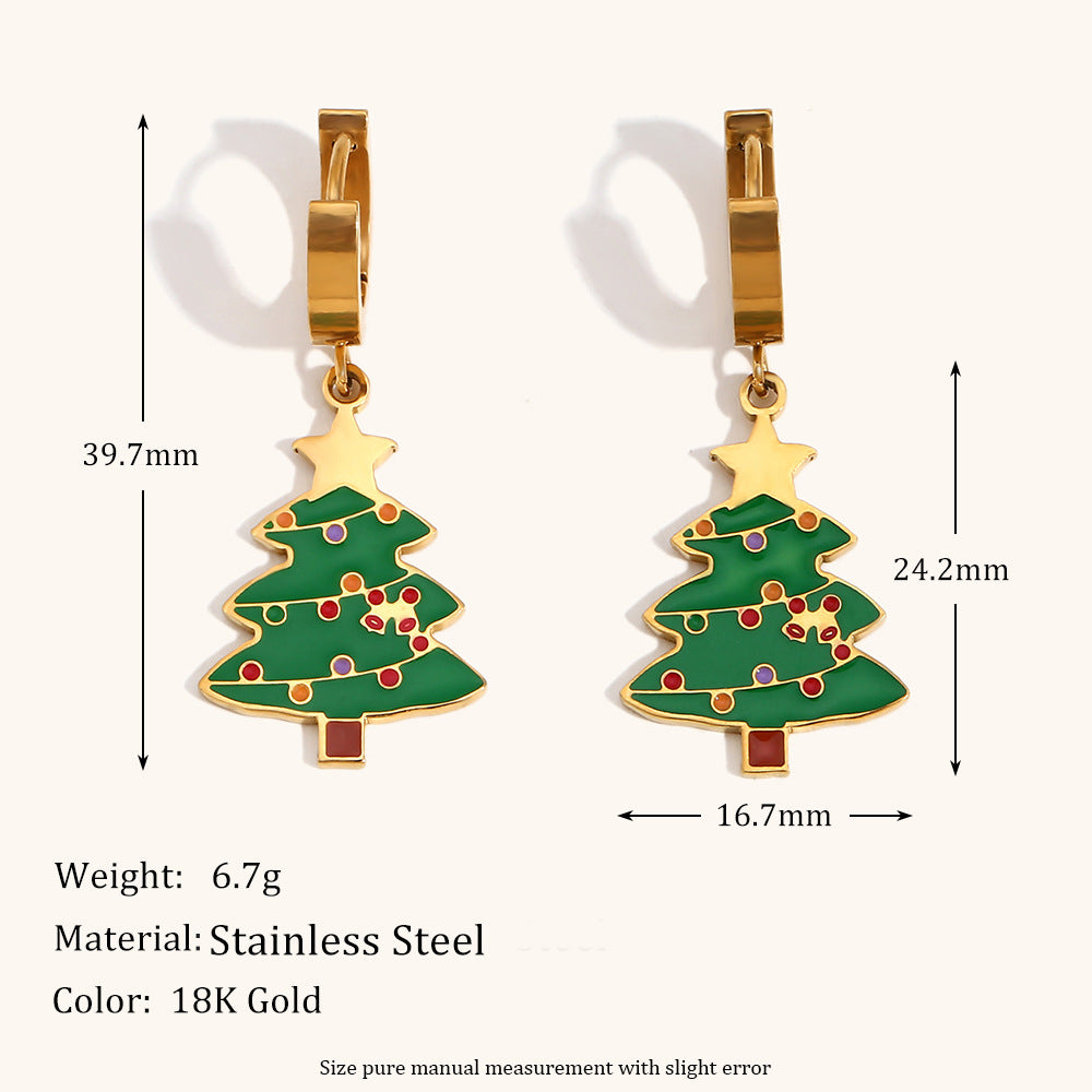 Fashionable OL Style Cartoon Santa Claus Sled Reindeer Christmas Tree Earrings for Women in Stainless Steel with 18K Gold Plating