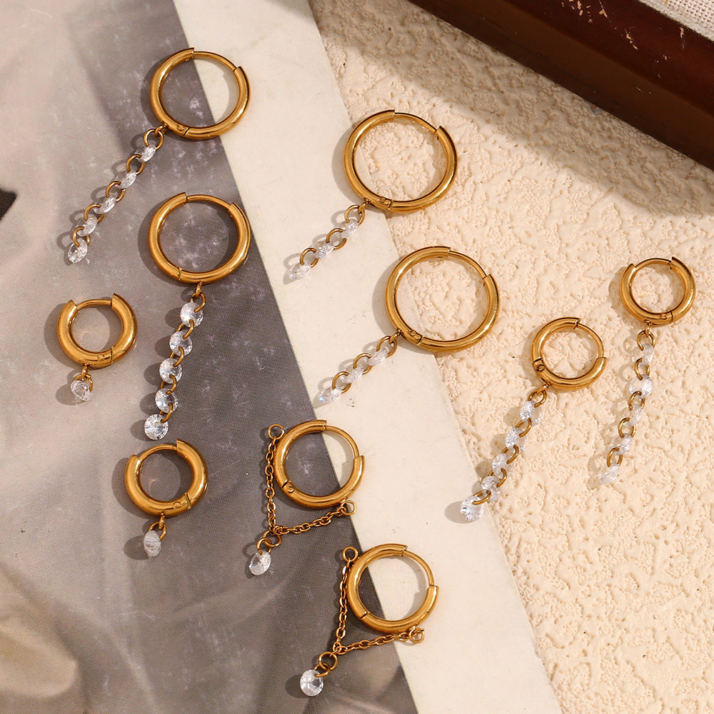Orecchini Pendenti Geometrici Minimalisti in Acciaio Inossidabile con Placcatura in Oro 18K e Zirconia Bianca da Donna
