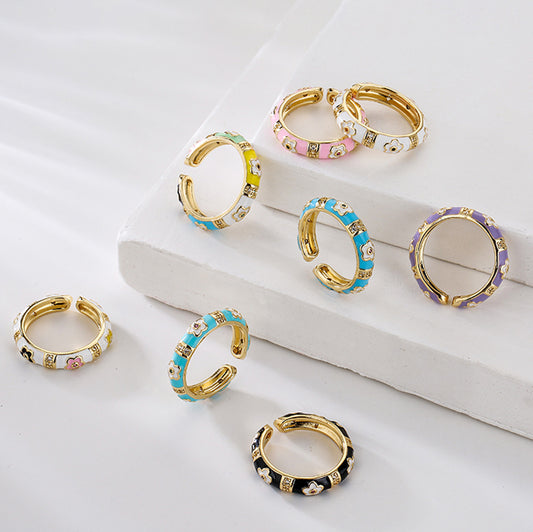 Anello da donna in stile bohémien con fiore geometrico irregolare, realizzato in rame con placcatura in oro 18 carati e finitura smaltata