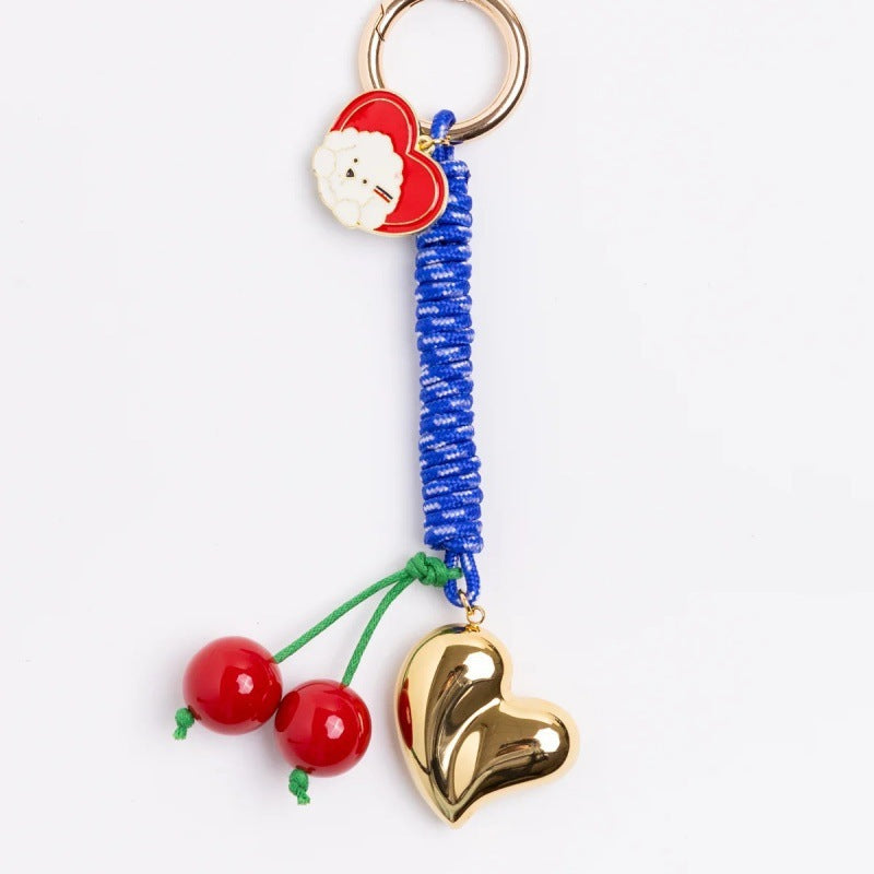 Colorful Rope Heart Cherry Keychain Bag Charm Brass Plated Accessory