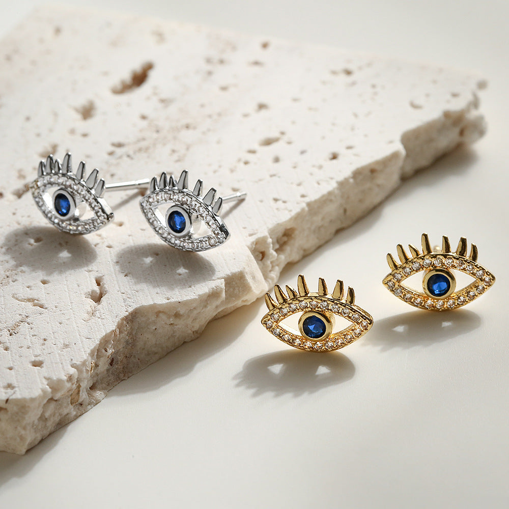 Vintage-Style Geometric Evil Eye Stud Earrings for Women with Copper Base and Real Gold Plating Featuring Micro-Pave Zirconia