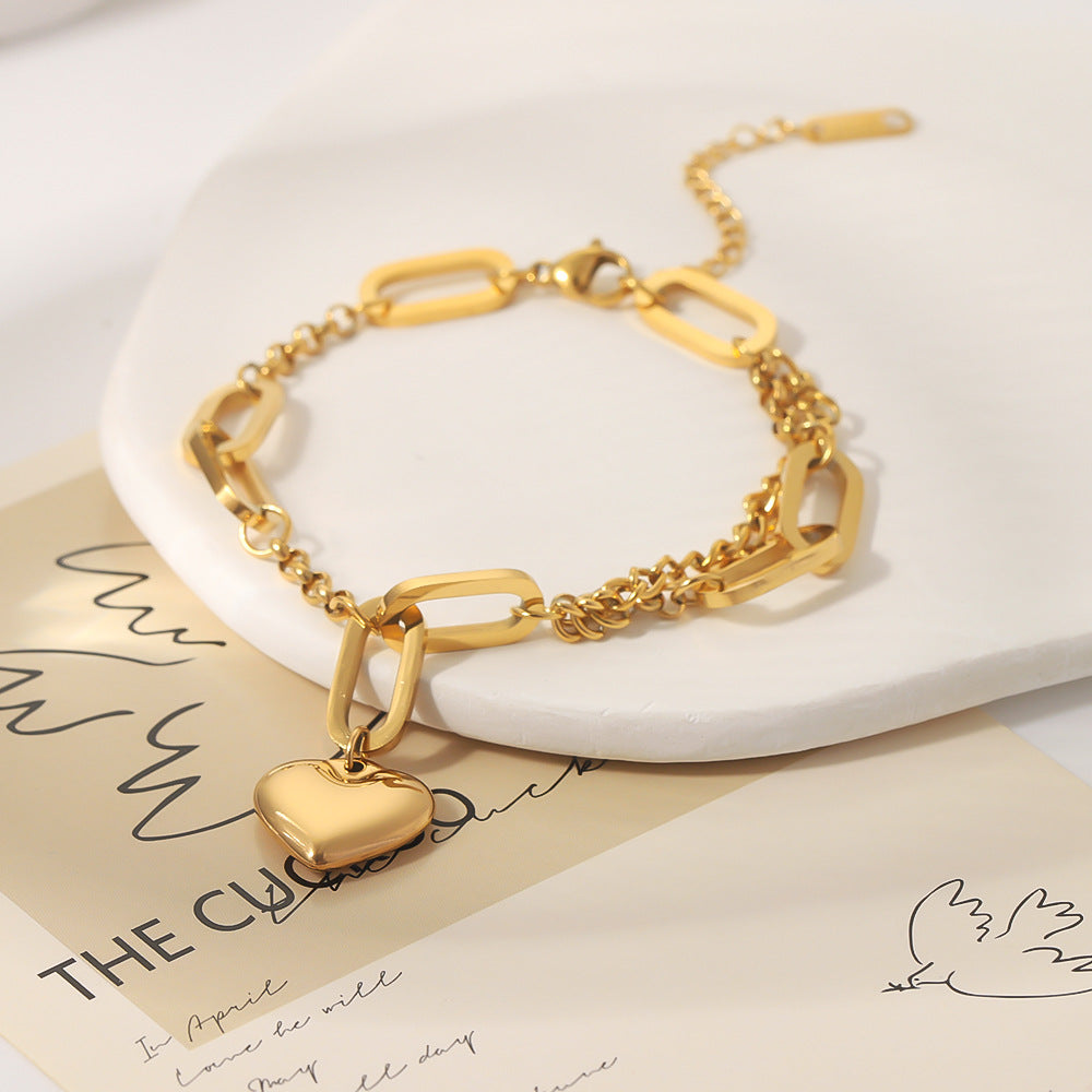 Minimalist Heart-Shaped Stainless Steel Bracelet with 18K Gold Plating for Women