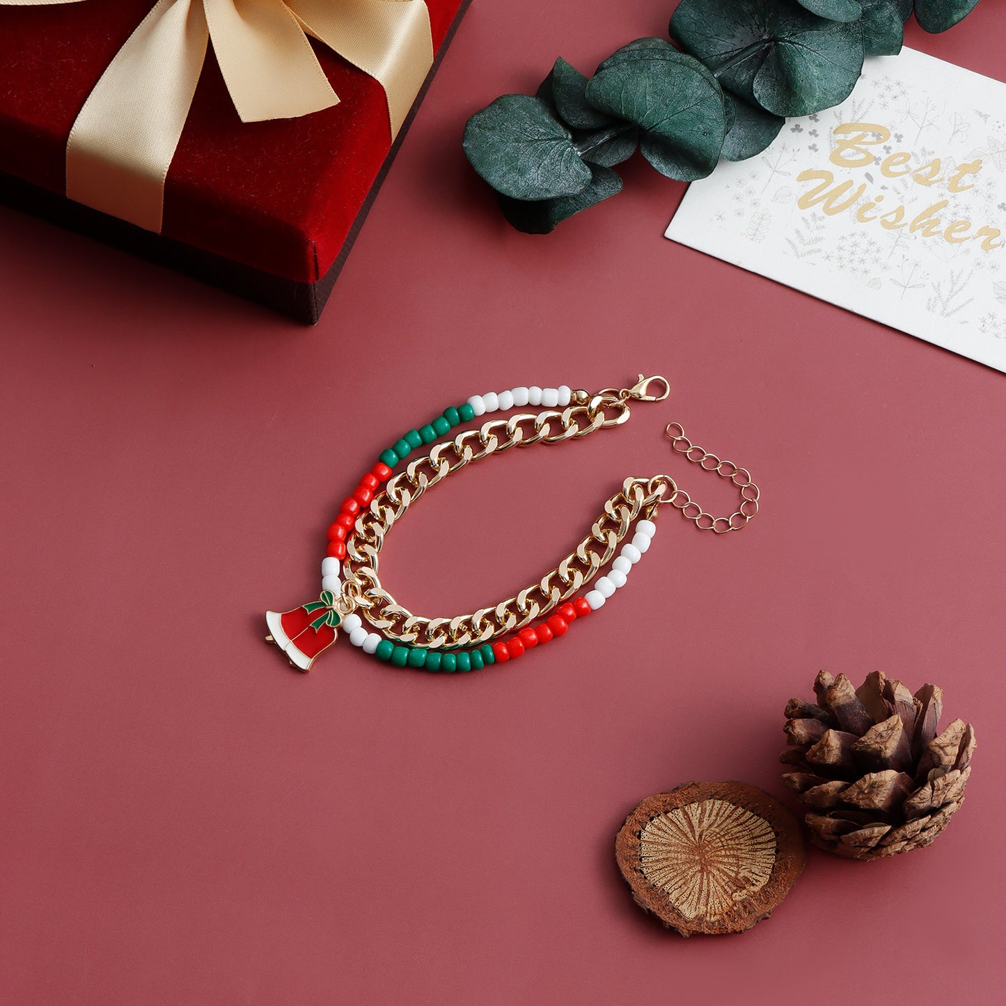 Minimalist Geometric Two-Tier Bracelet for Women with Alloy Base and Plated Finish Featuring Christmas Hat Motif and Color-Block Miyu Beads