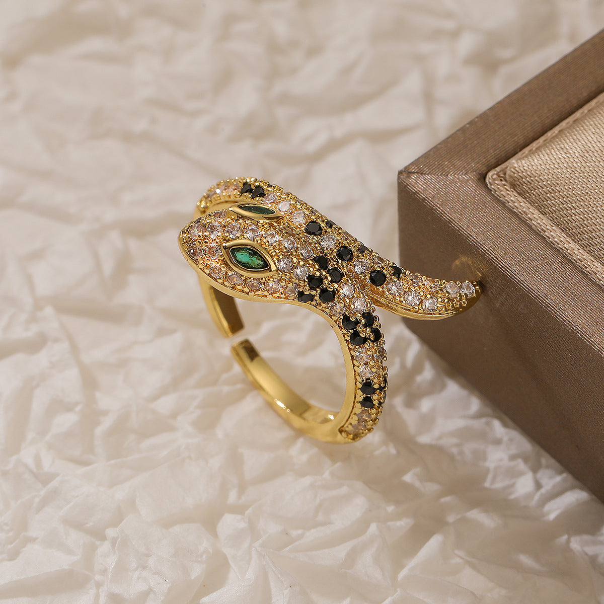 Minimalist Geometric Snake-Shaped Copper Ring with Real Gold Plating and Zircon Inlay for Women