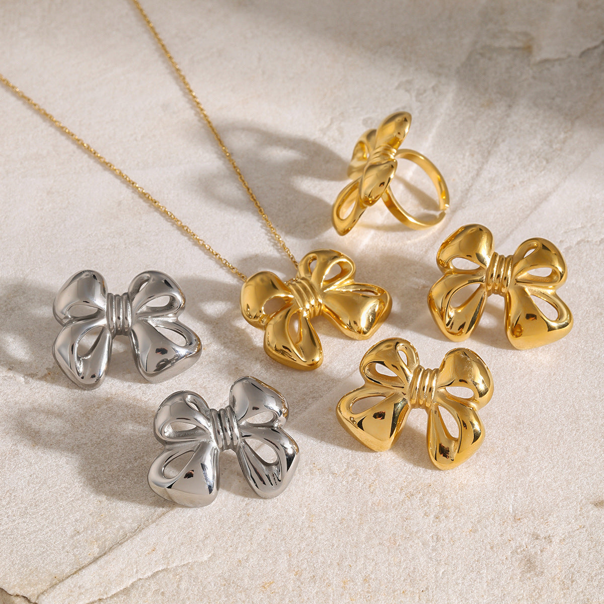 Minimalist 18K Gold Plated Stainless Steel Bow Knot Necklace for Women