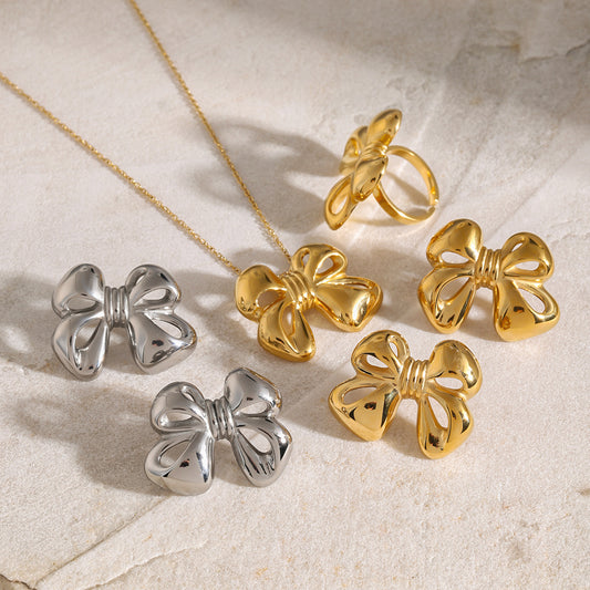 Minimalist 18K Gold Plated Stainless Steel Bow Knot Necklace for Women