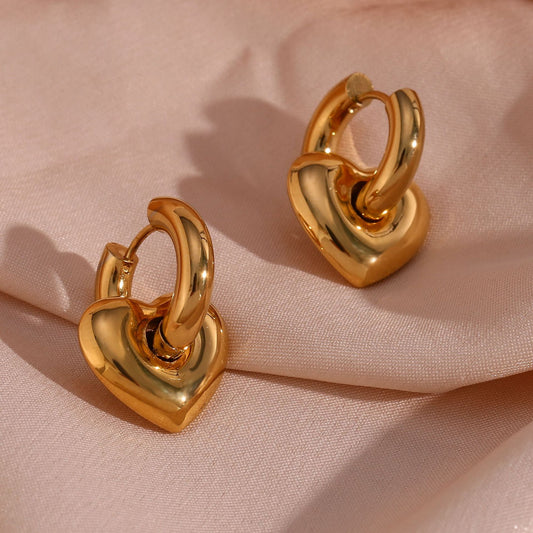 Pendientes de aro chapados en oro de acero inoxidable con forma de corazón, de lujo minimalista, para mujer