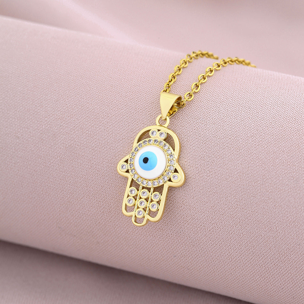 Elegante Collar con Colgante en Forma de Ojo para Mujer de Cobre con Baño de Oro de 18K y Circonitas Micro-Pavé en Cadena de Acero de Titanio
