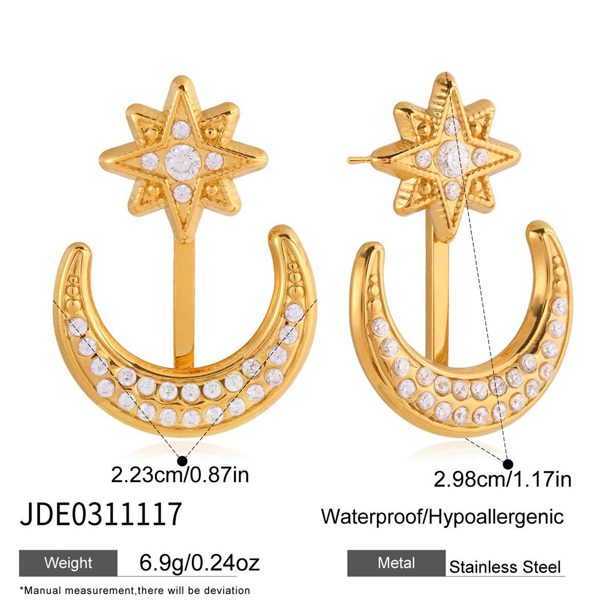 Pendientes de acero inoxidable en forma de luna minimalista con incrustaciones de circonita y chapado en oro PVD para mujer