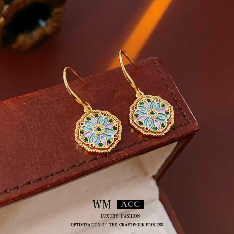 Orecchini da donna vintage chic floreali e geometrici in rame con intarsio di zirconi e finitura smaltata